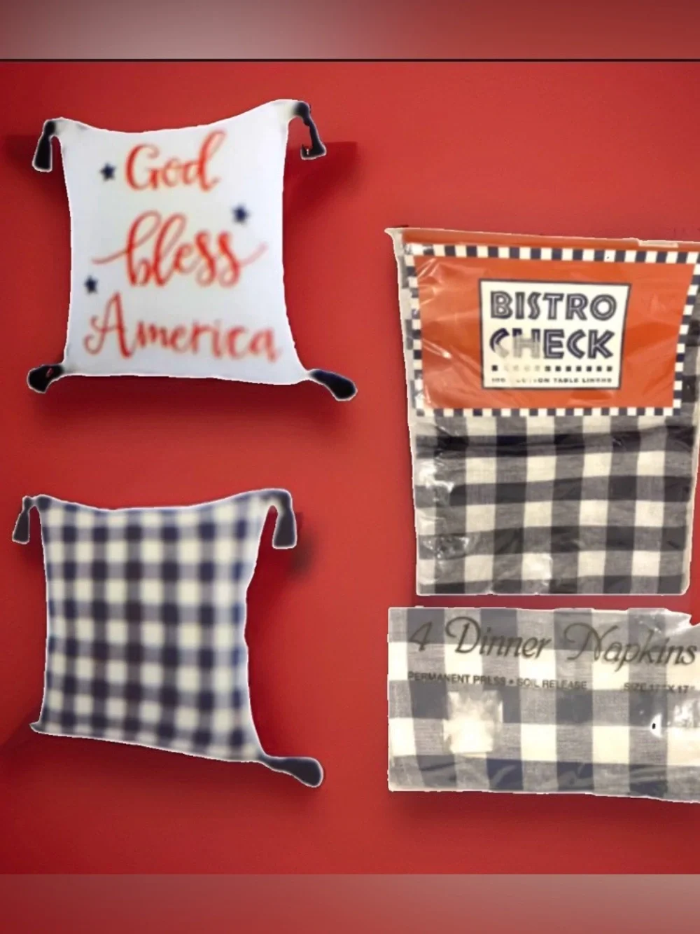 Tablecloth Round 60 in. & 4 Napkins God Bless America Pillow Cover Buffalo Check